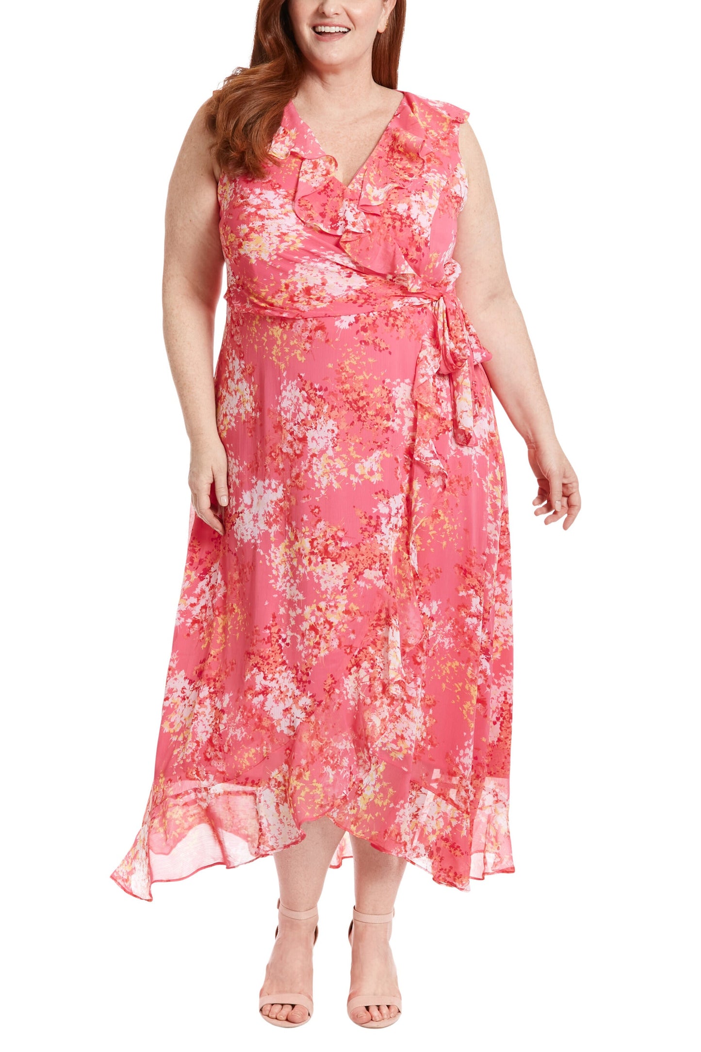 London Times Trimmed Surplice V-Neckline Side-Tie Sash Hemline Ruffle Wrap Maxi Silhouette Dress (Plus Size)-0