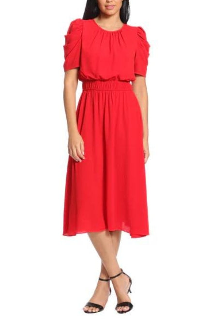 London Times Shirred Jewel Neck Puff Sleeve Midi Dress-4