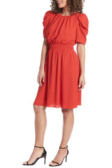 London Times Shirred Jewel Neck Puff Sleeve Midi Dress-1
