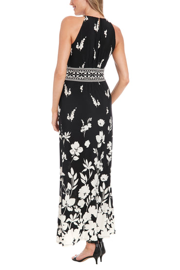London Times Floral Print Round Keyhole Detail Neckline Sleeveless Empire Waist A-Line Maxi Halter Dress-1