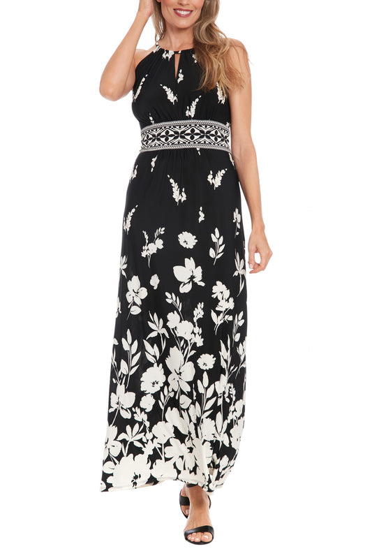 London Times Floral Print Round Keyhole Detail Neckline Sleeveless Empire Waist A-Line Maxi Halter Dress-0