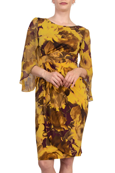 Connected Apparel Earthy Floral Boat Neckline Organza Cuffs Faux Wrap Sheath Dress-1