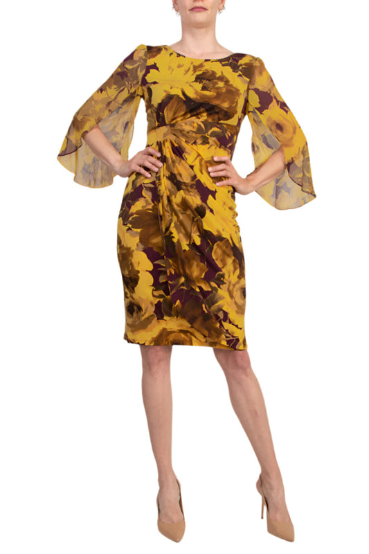 Connected Apparel Earthy Floral Boat Neckline Organza Cuffs Faux Wrap Sheath Dress-0