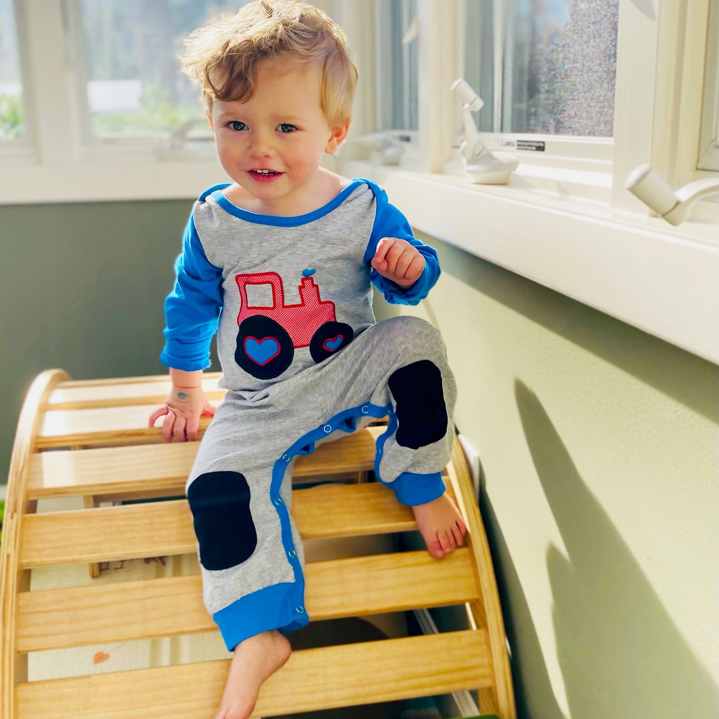 AnnLoren Baby Toddler Boys Long Sleeve Truck Romper Blue and Grey-4