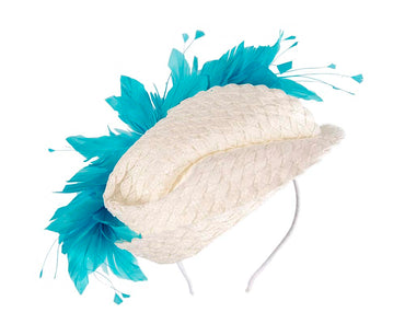 Bespoke white & aqua blue fascinator by BELIEVERA-1