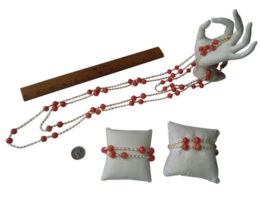 Necklace: Vintage Coral Color Glass Beads, Faceted Gold Pyrite, Chinese Freshwater Rice Pearls