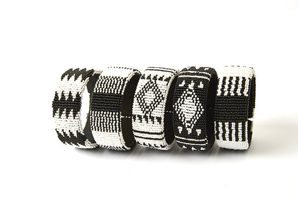 Zulu Beaded Cuff Bangles Black & White - Set of 5-0