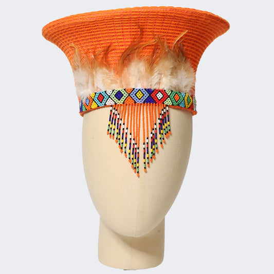 Zulu Basket Hat with Beading & Feathers | Orange-0