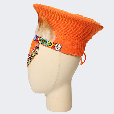 Zulu Basket Hat with Beading & Feathers | Orange-1