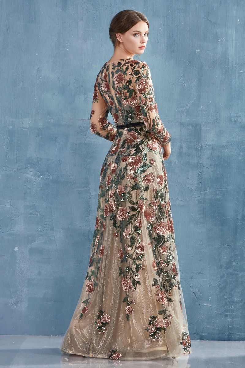 Savannah Sequin Floral Petal Long Sleeves Long Bridesmaid & Mother of Bride Dress CDA0926-4