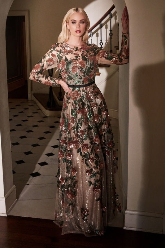 Savannah Sequin Floral Petal Long Sleeves Long Bridesmaid & Mother of Bride Dress CDA0926-0