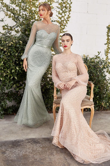 Fully Pearled Gathered Long Sleeves Mermaid Style Fitted On Waist Long Ball & Prom Dress CDA0997-1