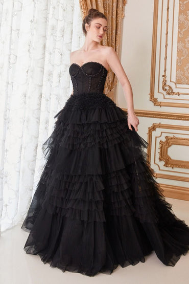 Corset Princessa Tulle Ruffle Strapless Long Ball Dress CDA1017-1