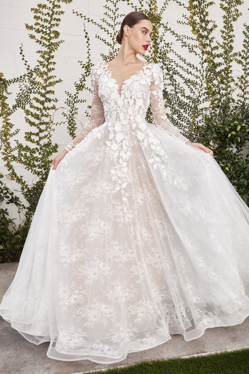 Yvaine 3D Floral Long Sleeves Open Back Long Wedding Dress CDA1067WC