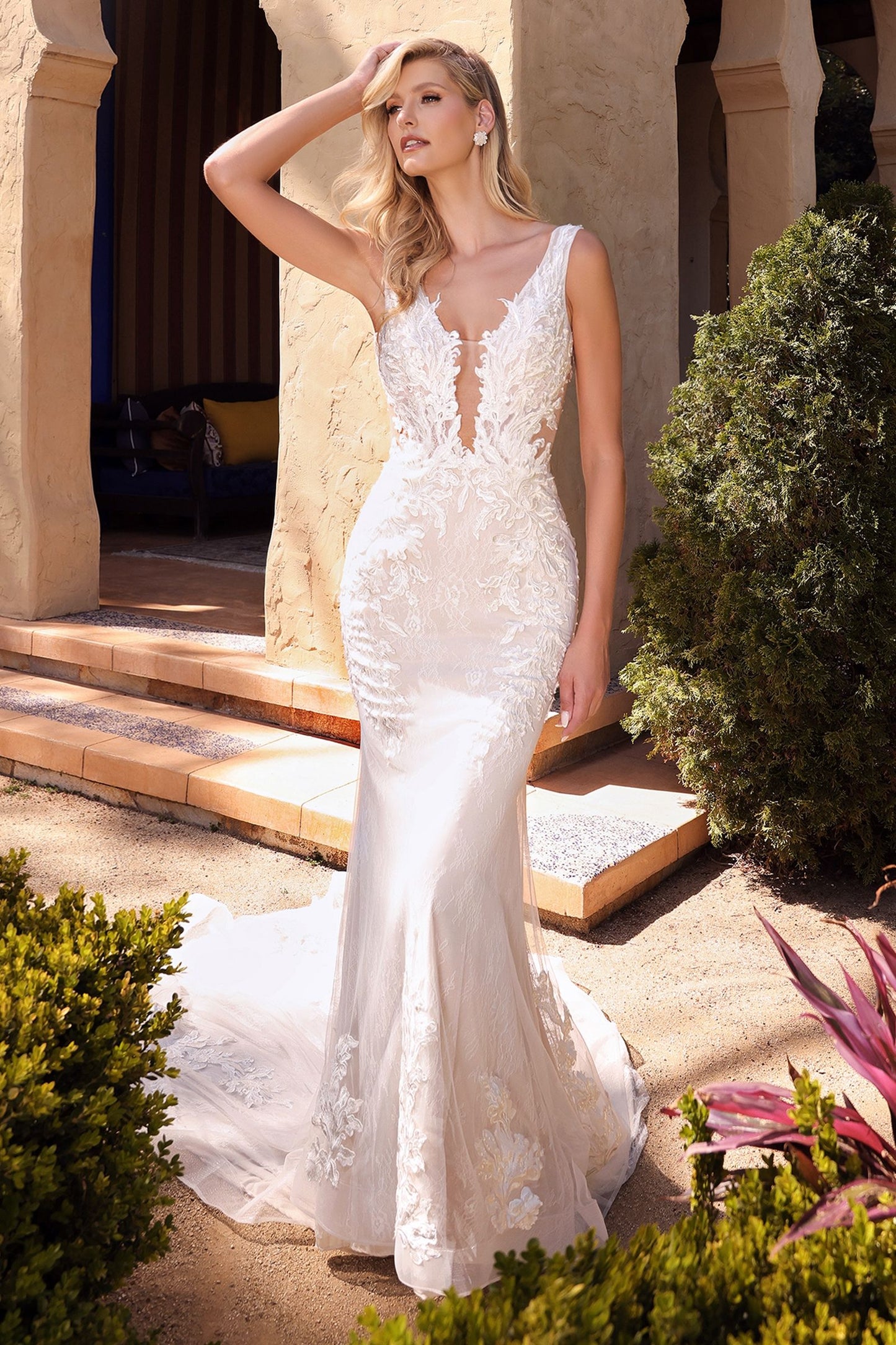 Avery Lace Bodice Illusion V-Neck Long Wedding Dress CDA1072W-2