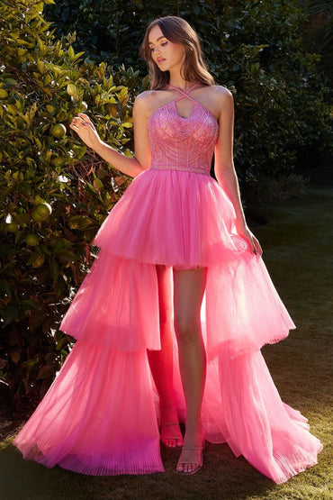 HIGH LOW HALTER BEADED BALL GOWN CDA1239-1