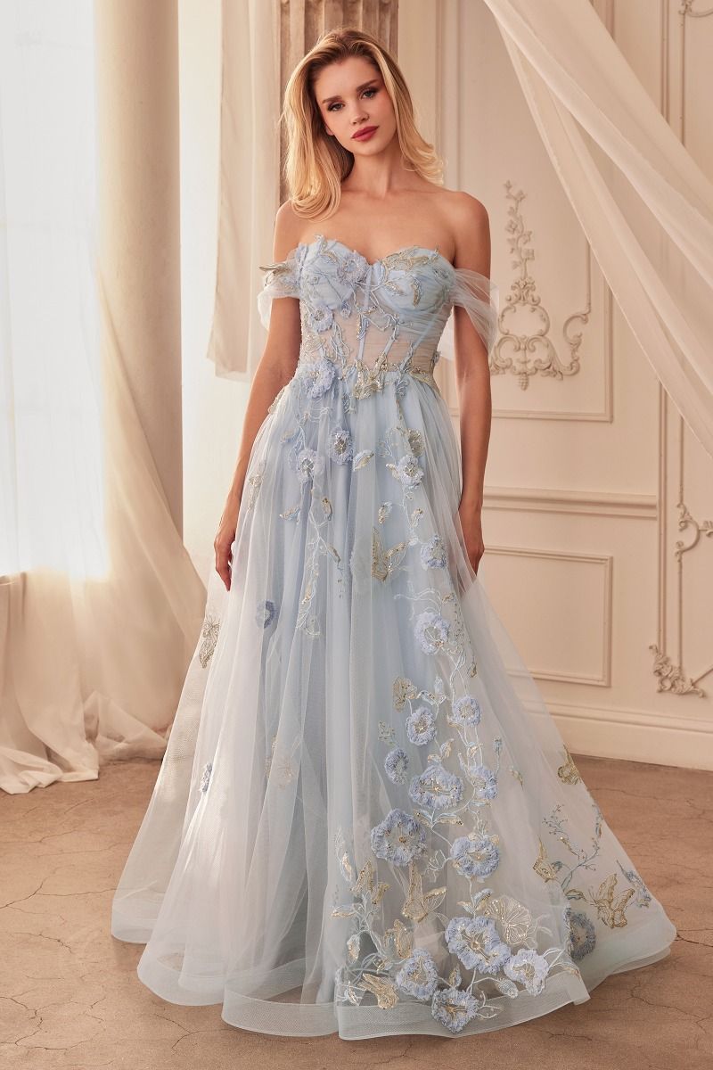 OFF THE SHOULDER FLORAL APPLIQUE BALL GOWN CDA1246-4