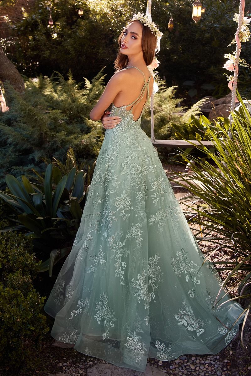 Sky Blue & Sage Green Embroidered Tulle Ball Gown | Floral A-Line Dress with Spaghetti Straps CDA1248-3