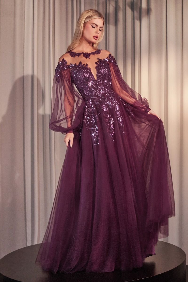 Long Sleeves A-Line Tulle & Lace Long Mother Of The Bride Dress CDA1263