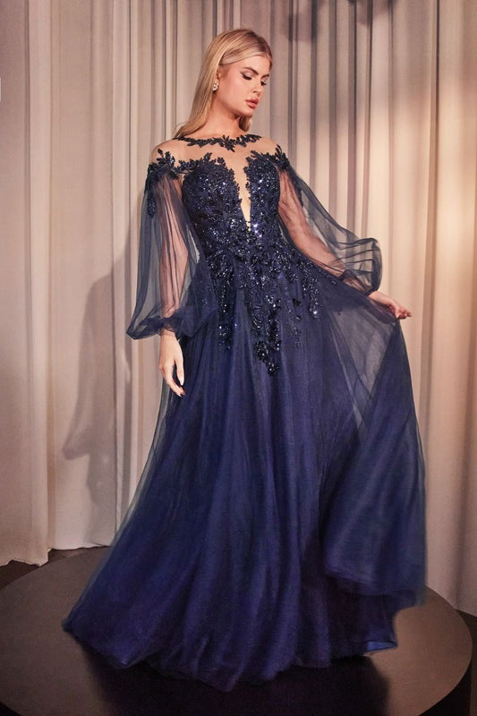 LONG SLEEVE A-LINE TULLE & LACE GOWN CDA1263-0