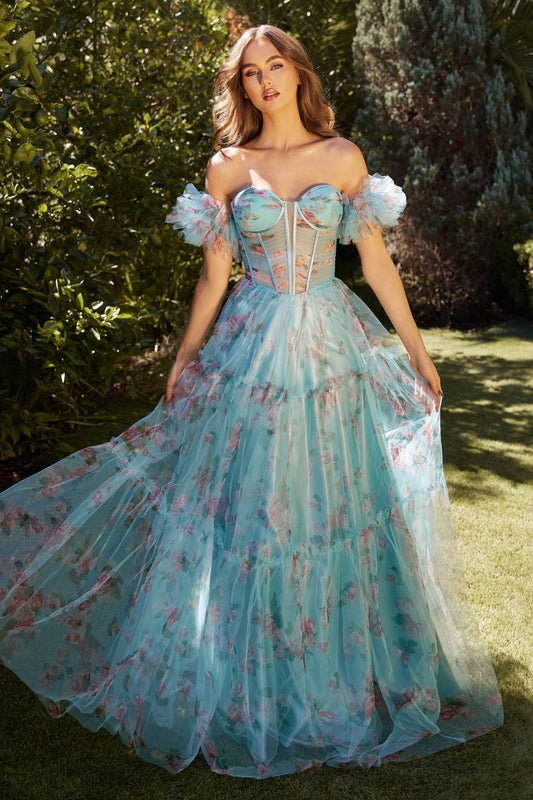 Aqua Blue Floral Corset Gown with Off-Shoulder Sleeves | Romantic Tulle Ball Gown CDA1285-0