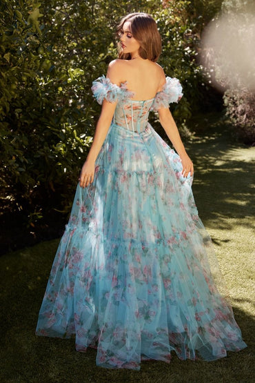 Aqua Blue Floral Corset Gown with Off-Shoulder Sleeves | Romantic Tulle Ball Gown CDA1285-1