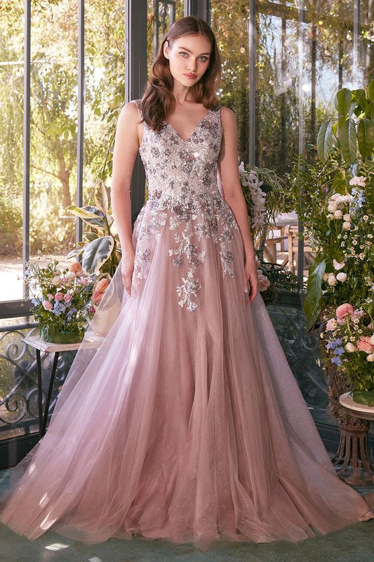 SEQUIN BOUQUET V-NECK GOWN CDA1401-0