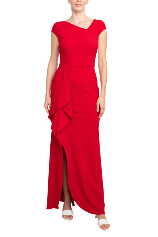 Betsey and Adam Asymmetrical Neck Cap Sleeve Flutter Side Slit Side Zipper Back Solid Scuba Dress-0
