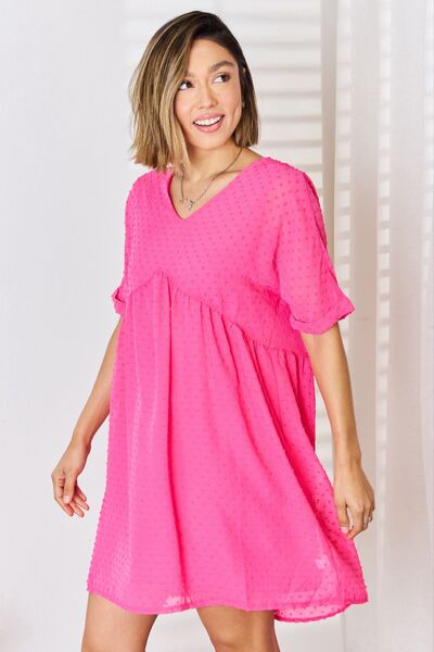 Zenana Swiss Dot Rolled Short Sleeve Babydoll Dress-2