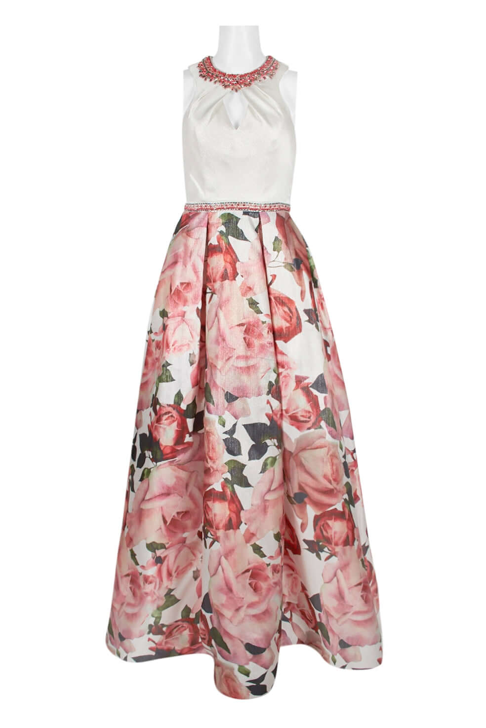 Dave & Johnny Embellished Neck Ruched Sleeveless Cutout Back Pleated Floral Print Twill Dress-2