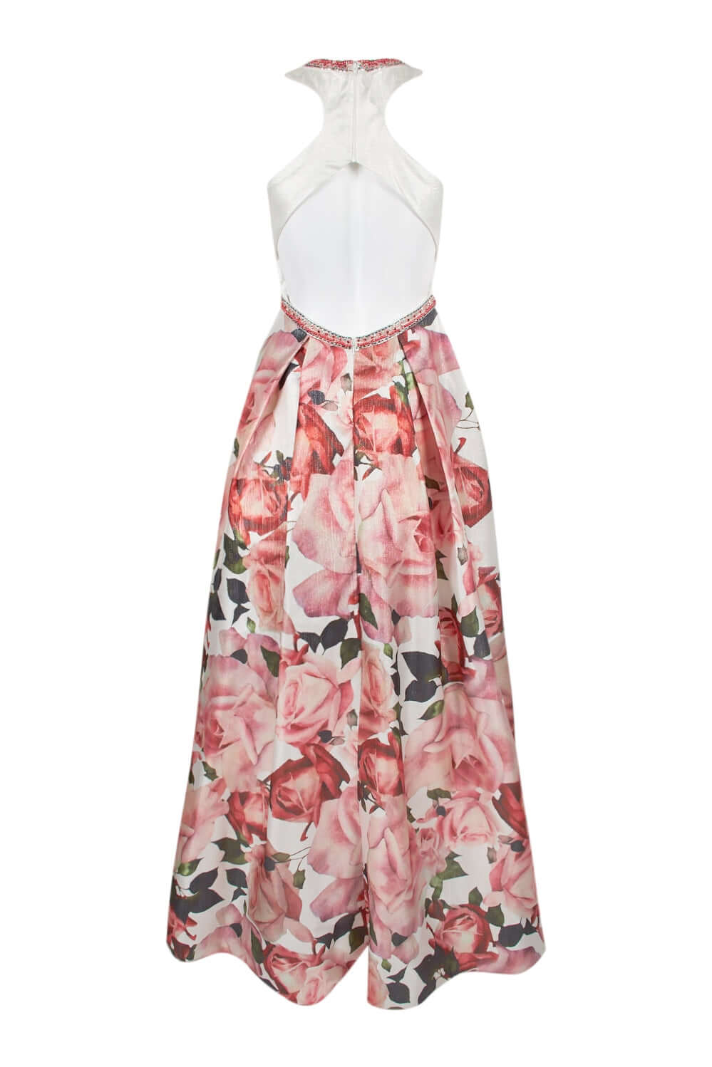 Dave & Johnny Embellished Neck Ruched Sleeveless Cutout Back Pleated Floral Print Twill Dress-3