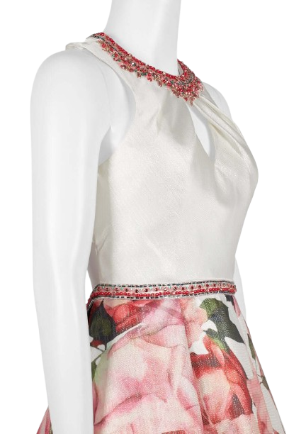 Dave & Johnny Embellished Neck Ruched Sleeveless Cutout Back Pleated Floral Print Twill Dress-4