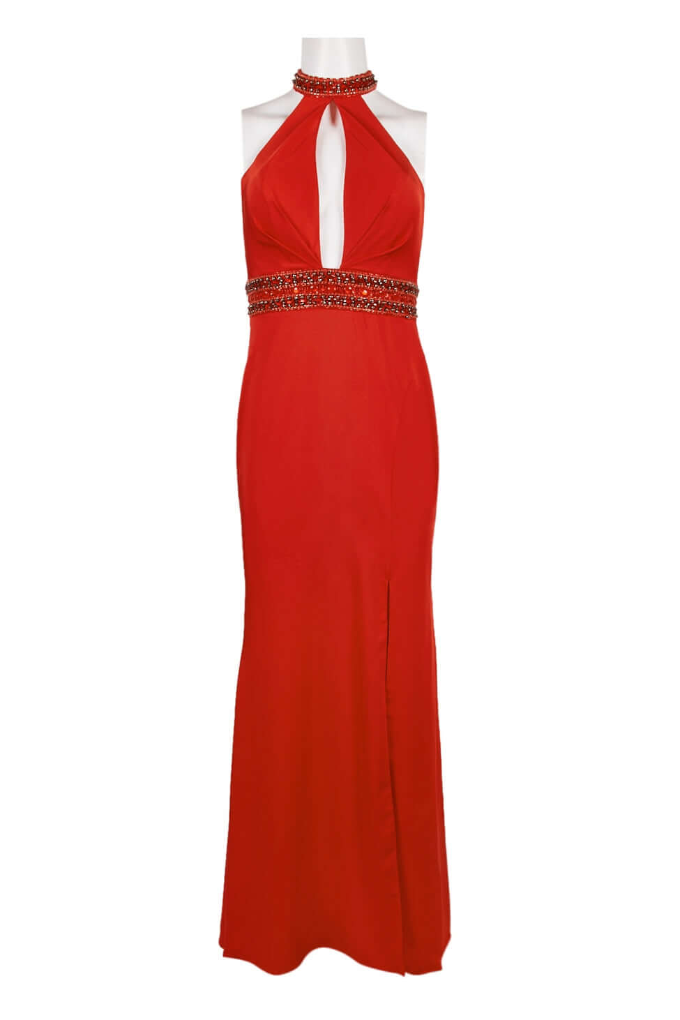 Dave & Johnny Embellished Halter Neck Slit Front Embellished Waist Zipper Back Cutout Back Satin Gown