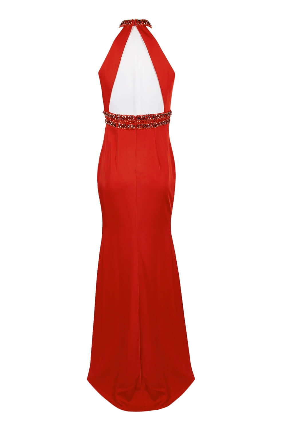 Dave & Johnny Embellished Halter Neck Slit Front Embellished Waist Zipper Back Cutout Back Satin Gown