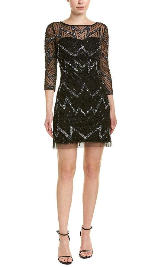 Aidan Mattox Boat Neck Illusion 3/4 Sleeve Zipper Back Embellished Mesh Dress-0