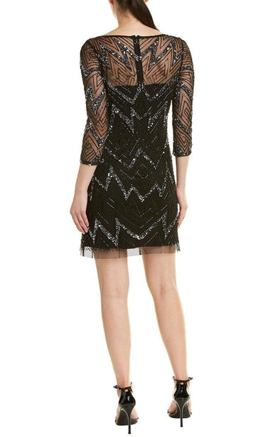 Aidan Mattox Boat Neck Illusion 3/4 Sleeve Zipper Back Embellished Mesh Dress-1