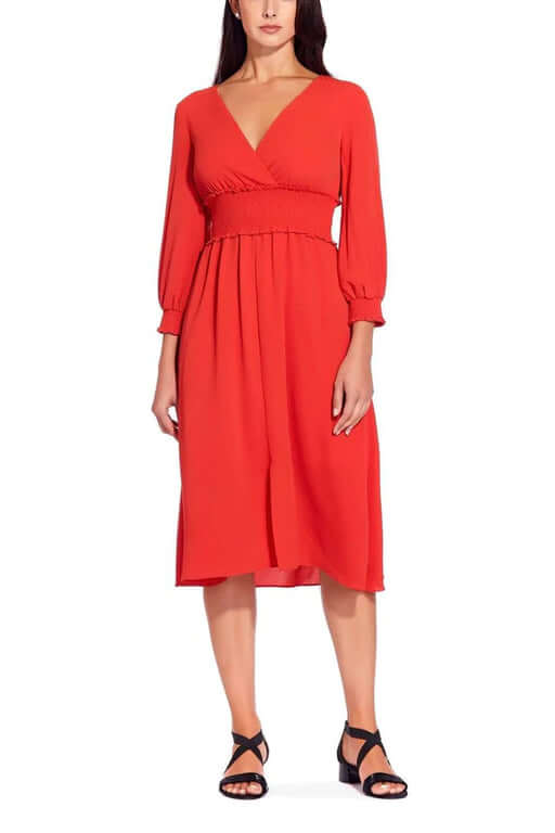Adrianna Papell V-Neck Long Sleeve Ruched Flutter Solid Polyester Dress-0