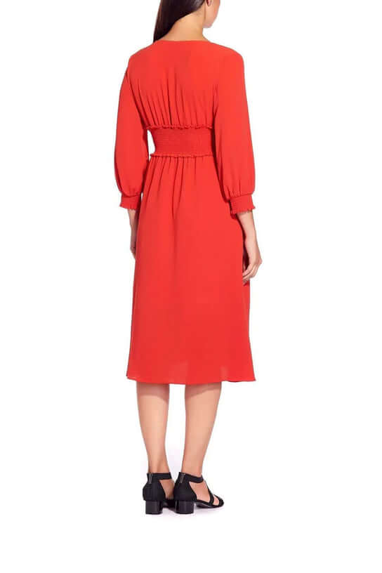 Adrianna Papell V-Neck Long Sleeve Ruched Flutter Solid Polyester Dress-2