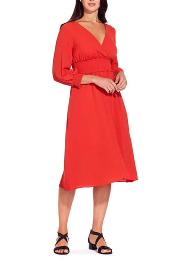 Adrianna Papell V-Neck Long Sleeve Ruched Flutter Solid Polyester Dress-1