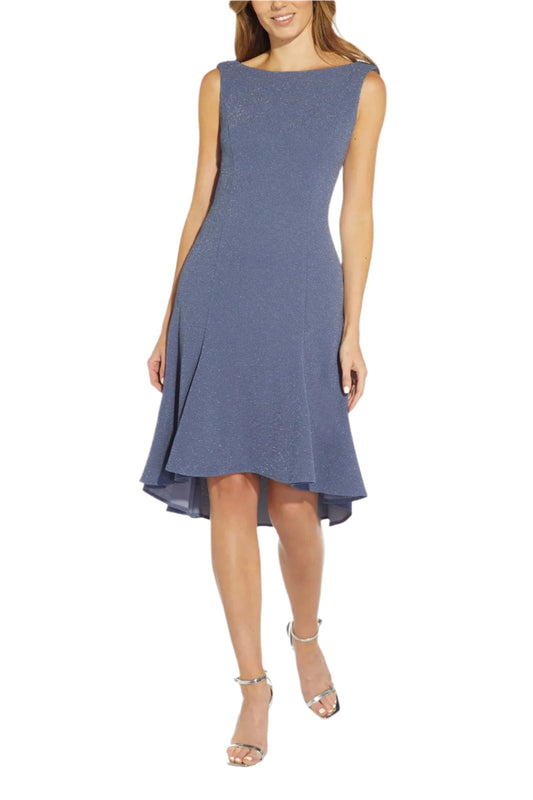 Adrianna Papell Boat Neck Sleeveless Cowl Back Solid Fit & Flare Metallic Knit Dress-0