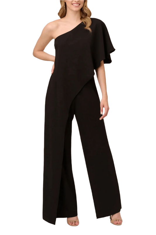 Adrianna Papell Asymmetrical One Shoulder Cape Sleeve Stretch Crepe Solid Jumpsuit-0
