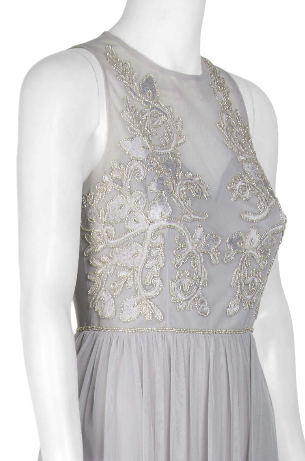Adrianna Papell Crew Neck Sleeveless Illusion Ruched Keyhole Back Embroidered Mesh Gown-4