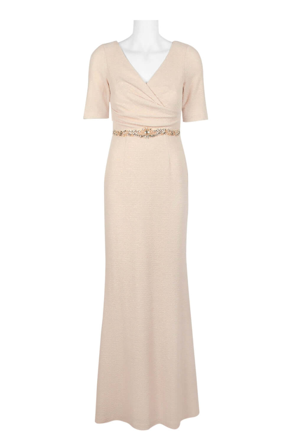 Adrianna Papell V-Neck Short Sleeve Ruched Embellished Waist Zipper Back Metallic Knit Gown-0