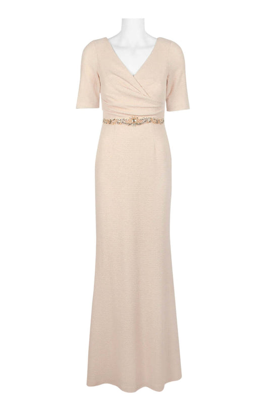 Adrianna Papell V-Neck Short Sleeve Ruched Embellished Waist Zipper Back Metallic Knit Gown-0
