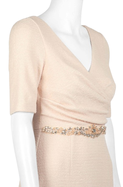 Adrianna Papell V-Neck Short Sleeve Ruched Embellished Waist Zipper Back Metallic Knit Gown-2