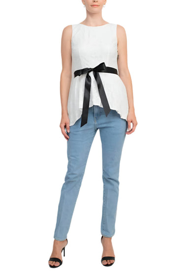 Adrianna Papell Boat Neck Sleeveless Tie Waist High Low Hem Lace Top-1