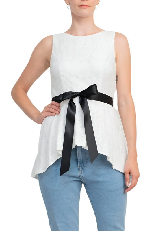 Adrianna Papell Boat Neck Sleeveless Tie Waist High Low Hem Lace Top-0