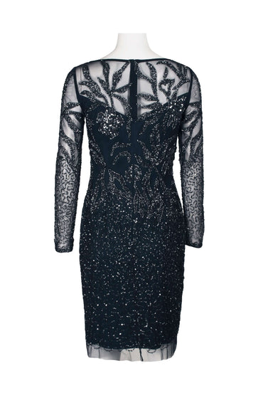 Adrianna Papell Boat Neck Long Sleeve Illusion Sequined Beaded Zipper Back Sheath Mesh Dress-1