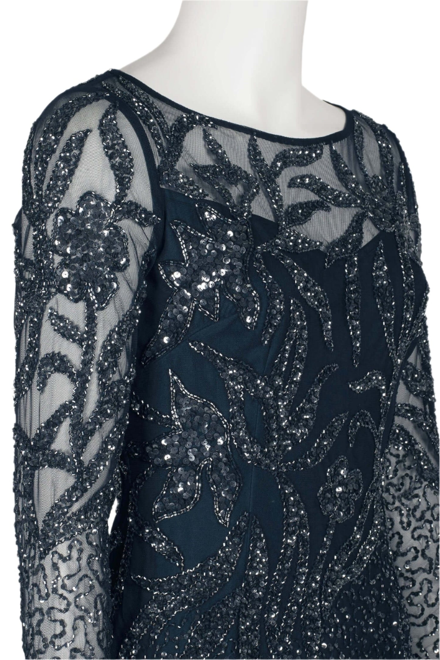 Adrianna Papell Boat Neck Long Sleeve Illusion Sequined Beaded Zipper Back Sheath Mesh Dress-2