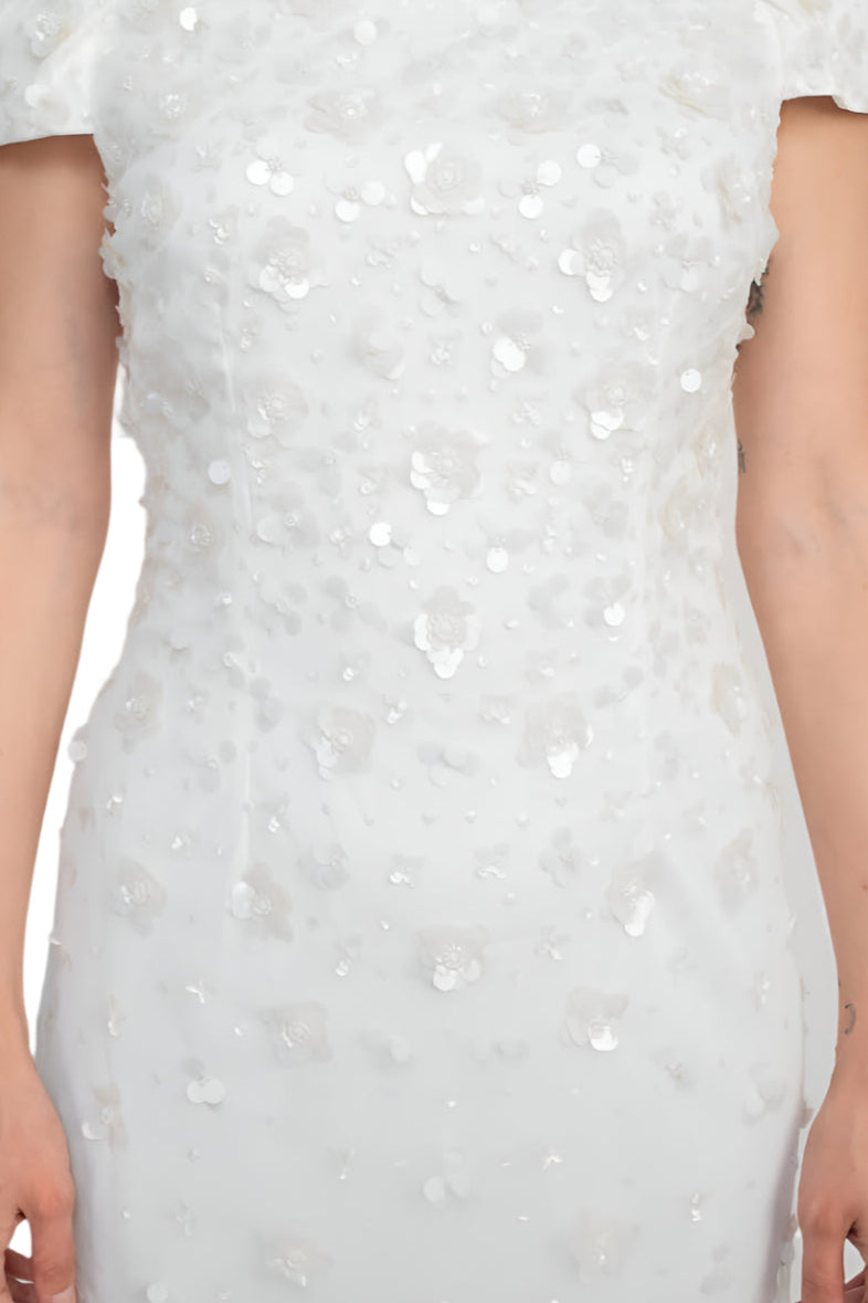 Adrianna Papell Off-Shoulder Zipper Back Sequined Beaded Column Mesh Gown-3